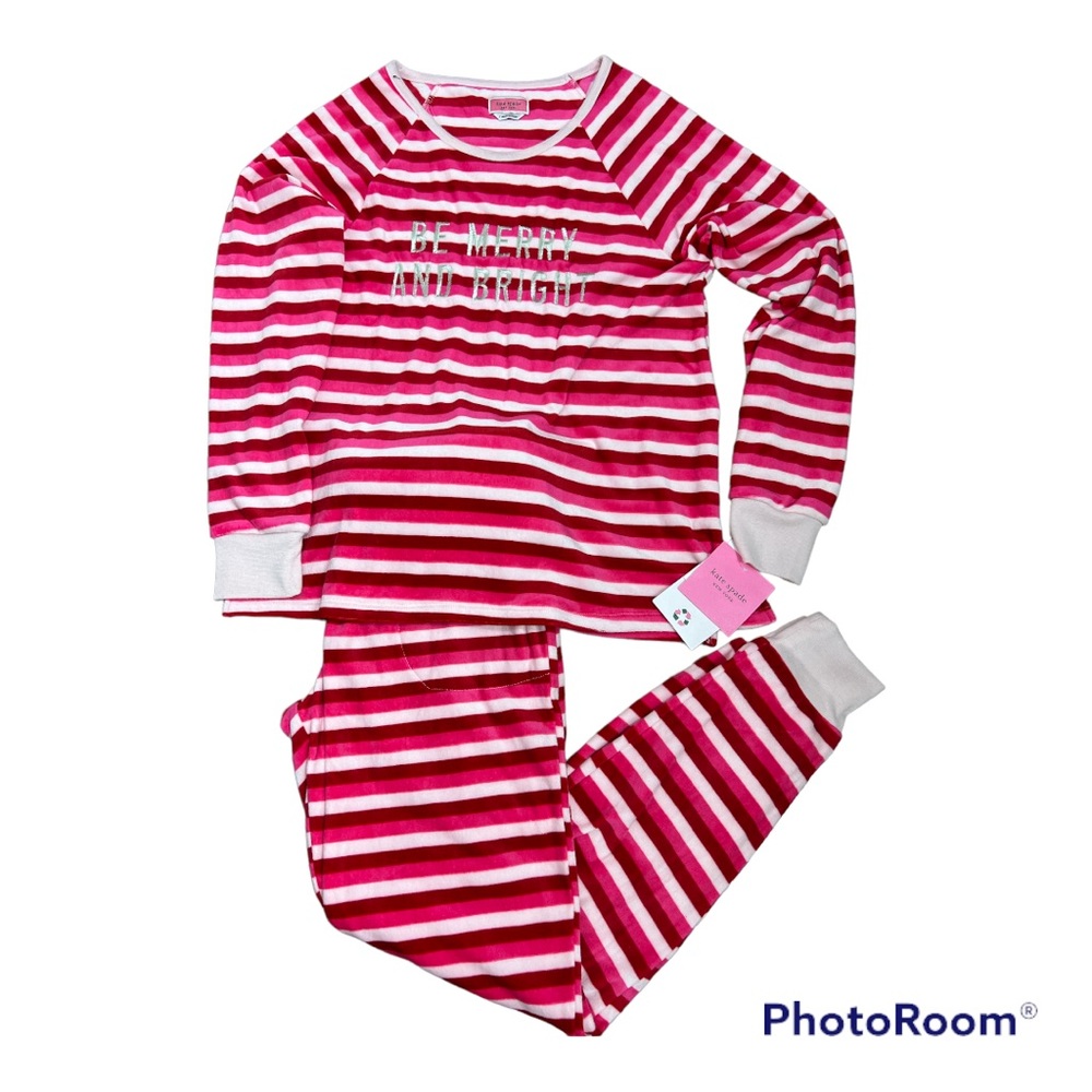 Kate Spade "Be Merry and Bright" Pink & Red Striped Cozy Pajamas Sz S no flaws